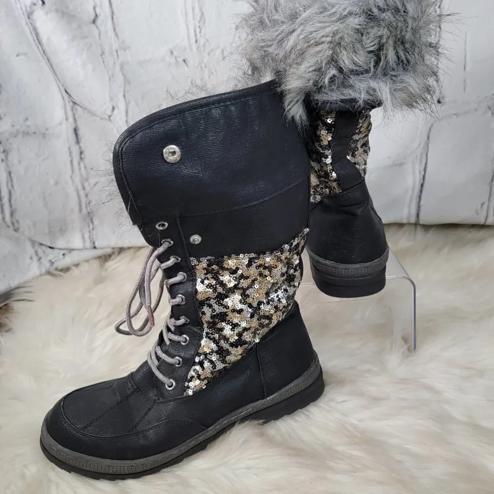 Justice Womens Sz 9 Sequin Snow Boots Faux Fur Vegan Winter Black Casual‎